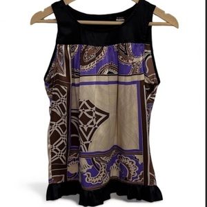 Single Ladies Printed Sleeveless Silky Style Blouse | Ruffled Trim Size S EUC